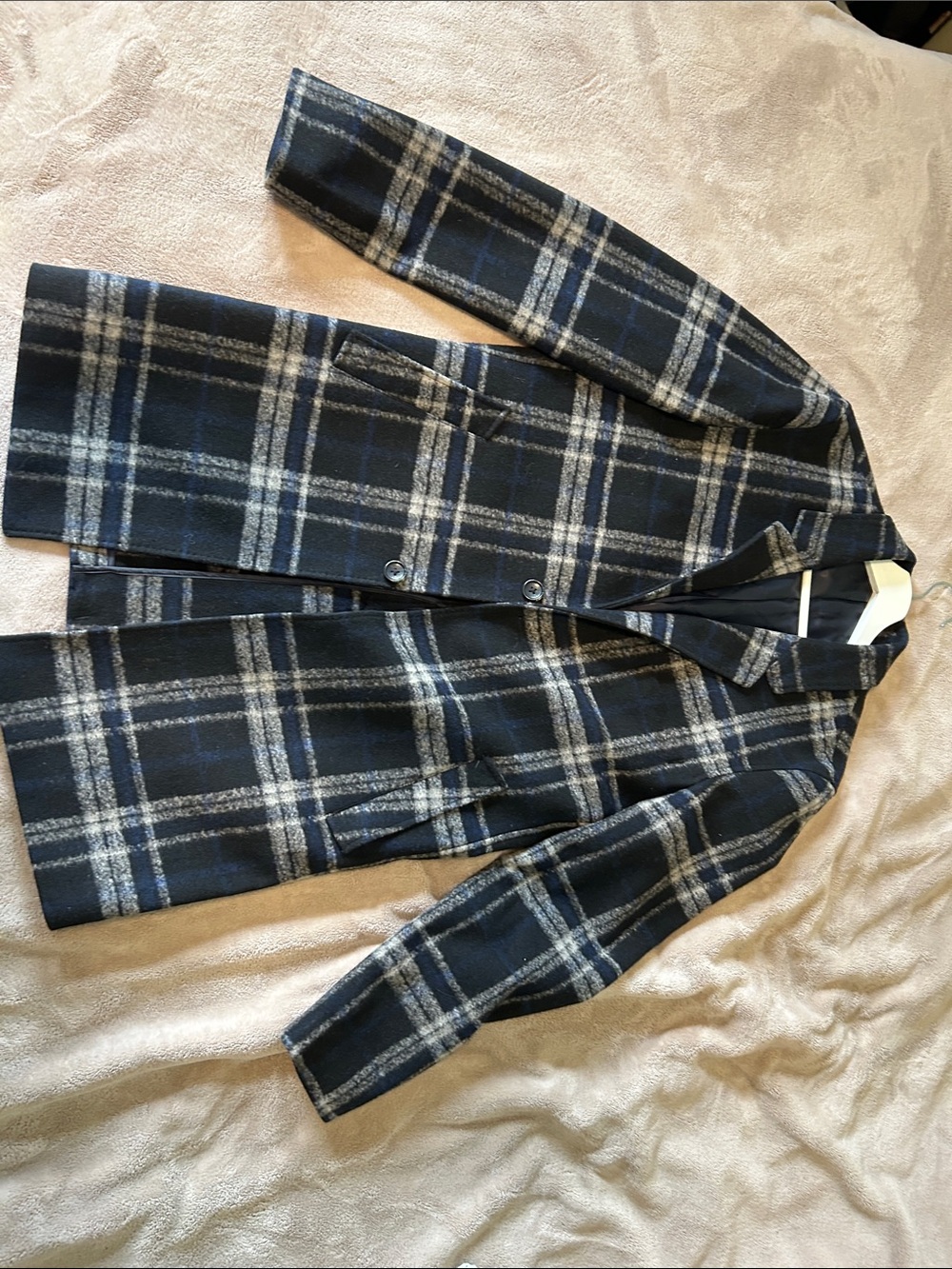 Michael Kors Plaid Wool Coat Prototype Sample 2019 Navy Size 40R Like New